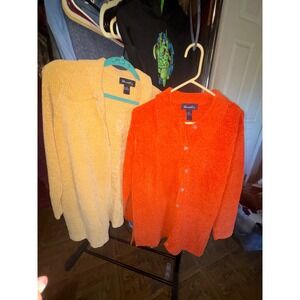 2 Denim & Co. Orange Knit Cardigan Button Up 1X Acrylic Fuzzy Textured